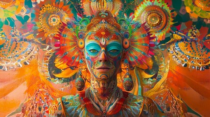Obraz premium Vibrant Artistic Portrait with Colorful Mask and Ornate Headdress at a Cultural Festival Celebration