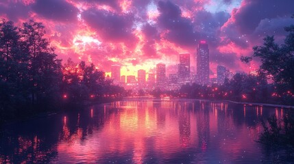Fototapeta premium Cityscape at sunset reflected in calm water, pink and purple sky, snowy trees.