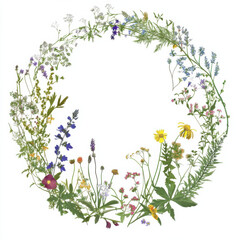 Obraz premium a detailed thin wreath of wildflowers, lush greenery, alpine plants, white background vector image 