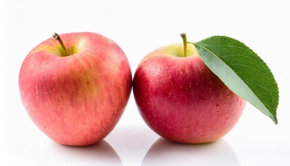 Fresh Pink Fuji Apple with Leaf Isolated on White Background