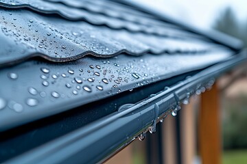 A wet roof and gutter collecting rain water outside