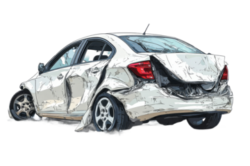 Damaged sedan with extensive rear end destruction