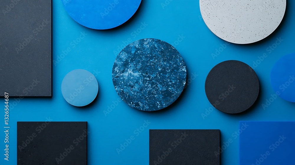 Poster a vibrant arrangement of circular and rectangular shapes in various shades of blue against a matchin