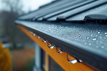Roof rainwater runs off a gutter with several raindrops falling