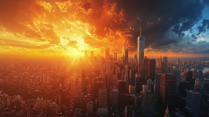 Obraz premium Fiery sunset over Manhattan skyline.