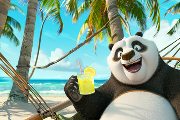 A cartoonish, happy panda lies in a hammock on an exotic island under palm trees against the backdrop of the ocean with a glass of lemonade in her hand.