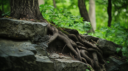 Textured close-up of weathered stones and twisted tree roots, surrounded by green forest underbrush, with Krasnoyarsk Pillars visible in the background, space for design (1)
