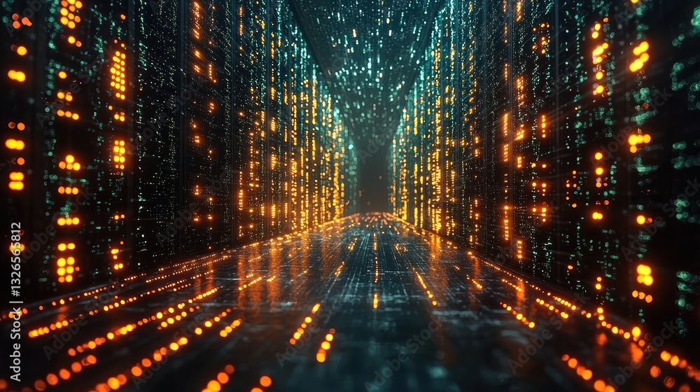 Poster futuristic digital corridor with glowing data streams.
