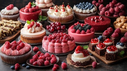 Fototapeta premium Assorted berry desserts, cakes, and pastries on dark background.