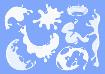 Set of different milk splash and pouring. White spots, drops of various shapes collection. Vector illustration on blue background.