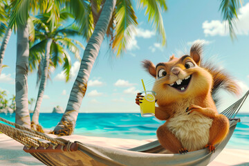 A cartoonish, happy squirrel lies in a hammock on an exotic island under palm trees against the backdrop of the ocean with a glass of lemonade in her hand.