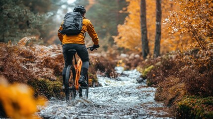 Cyclist riding mountain bike through autumnal forest stream.