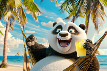 A cartoonish, happy panda lies in a hammock on an exotic island under palm trees against the backdrop of the ocean with a glass of lemonade in her hand.