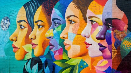 Vibrant Mural Depicting Diverse Faces in Colorful Patterns Celebrating Cultural Identity