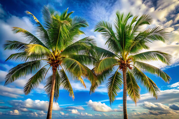 two majestic tropical coconut trees on sky background