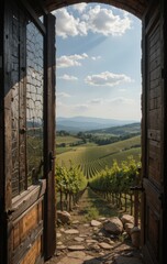 Fototapeta premium sunlit wine cellar overlooking lush summer vineyards with oak barrels and wine bottles, embodying rustic elegance and viticulture charm for tourism or luxury branding