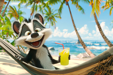 A cartoonish, happy skunk lies in a hammock on an exotic island under palm trees against the backdrop of the ocean with a glass of lemonade in his hand.