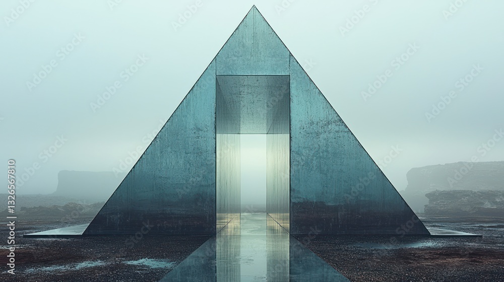 Poster futuristic triangular gateway in misty landscape.