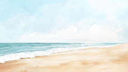Obraz premium Watercolor painting of a serene beach with light blue sky and gentle waves