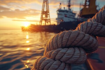 Obraz premium A close up of rope and ships at golden hour sunset