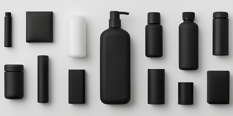 A collection of sleek, black packaging containers in various shapes and sizes, arranged neatly on a light background.