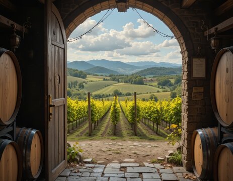 sunlit wine cellar overlooking lush summer vineyards with oak barrels and wine bottles, embodying rustic elegance and viticulture charm for tourism or luxury branding