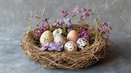 Obraz premium Straw Easter nest with speckled eggs and spring flowers