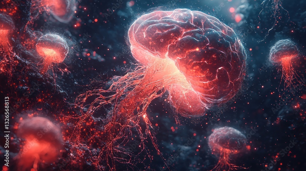 Aufkleber glowing brain with jellyfish-like structures.