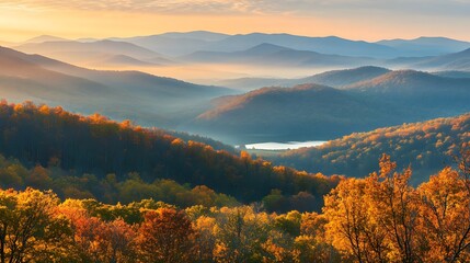 Naklejka premium Scenic Mountain Landscape with Autumn Foliage and Distant Lake