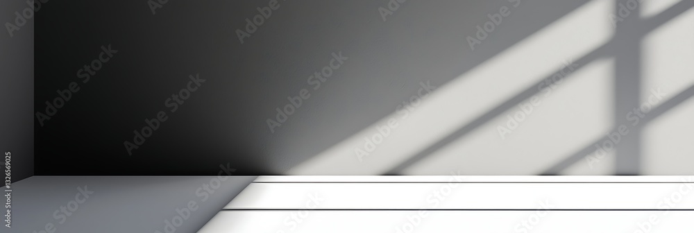 Poster a minimalist interior scene with shadows cast by window blinds, creating a contrast between light an