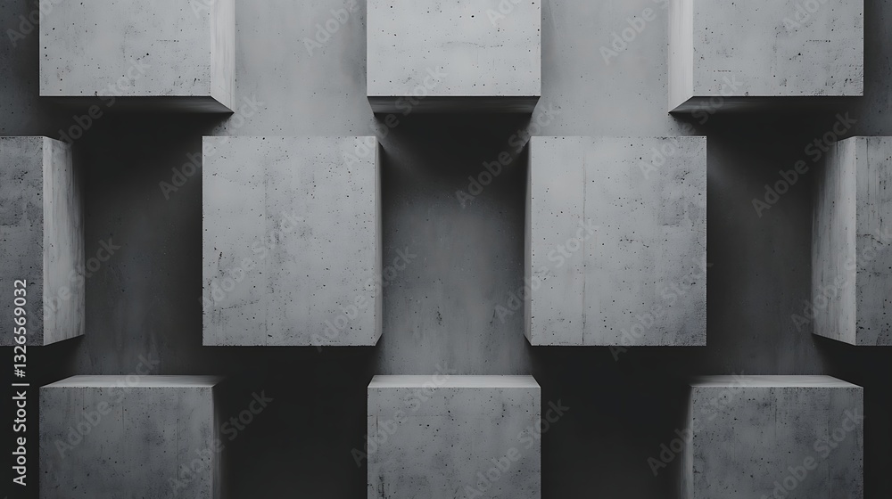 Poster a minimalist concrete wall featuring a pattern of rectangular blocks, showcasing a modern and indust