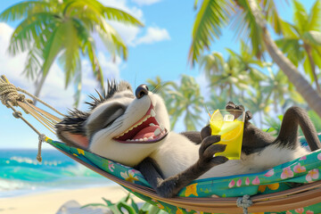A cartoonish, happy skunk lies in a hammock on an exotic island under palm trees against the backdrop of the ocean with a glass of lemonade in his hand.
