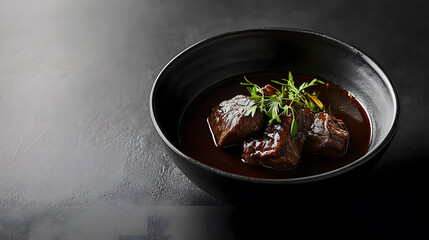 Gourmet Beef Stew in Dark Bowl, Close-Up Food Photography