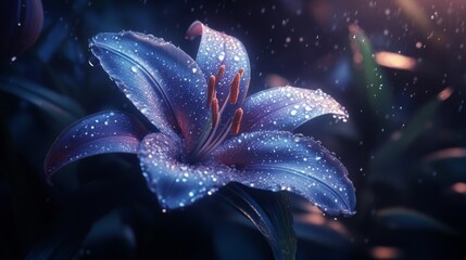 A close-up of a dew-covered lily in a rainstorm, showcasing the delicate petals and drops sparkling in the light.