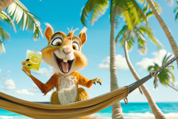 A cartoonish, happy squirrel lies in a hammock on an exotic island under palm trees against the backdrop of the ocean with a glass of lemonade in her hand.