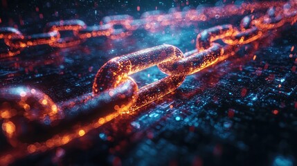 Glowing metallic chain link, dark background.