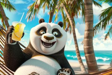 A cartoonish, happy panda lies in a hammock on an exotic island under palm trees against the backdrop of the ocean with a glass of lemonade in her hand.
