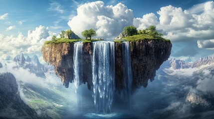A whimsical concept of a floating island with waterfalls cascading into the sky. picture