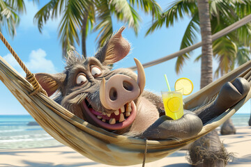 A cartoonish, happy warthog lies in a hammock on an exotic island under palm trees against the backdrop of the ocean with a glass of lemonade in his hand.