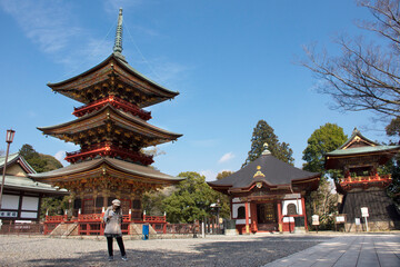 Japanese people and foreigner traveler walking visit and praying in Daitou or Great pagoda of Naritasan Shinshoji Temple at Chiba Prefecture in Tokyo, Japan
