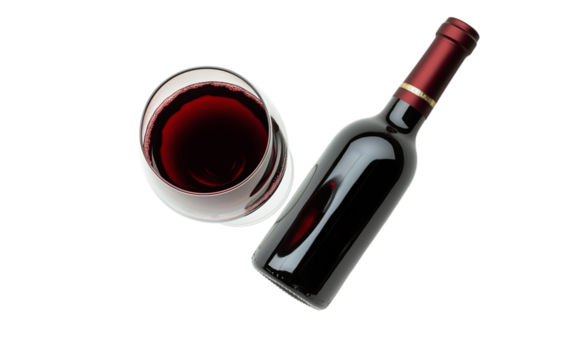 Glass of red wine with a transparent background and a wine bottle lying down