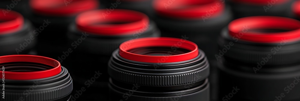 Poster a close-up view of camera lenses featuring distinct red accents, showcasing intricate details and a 