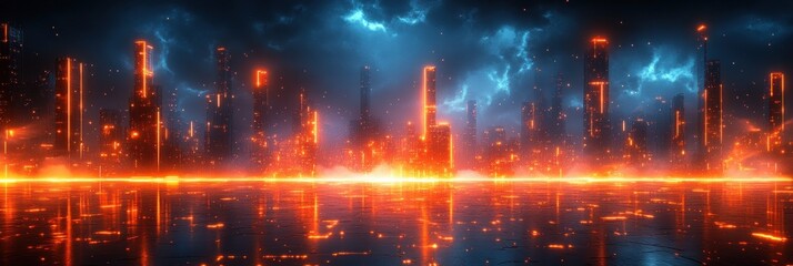 Obraz premium Futuristic Urban Cityscape with Neon Lights and Abstract Architecture