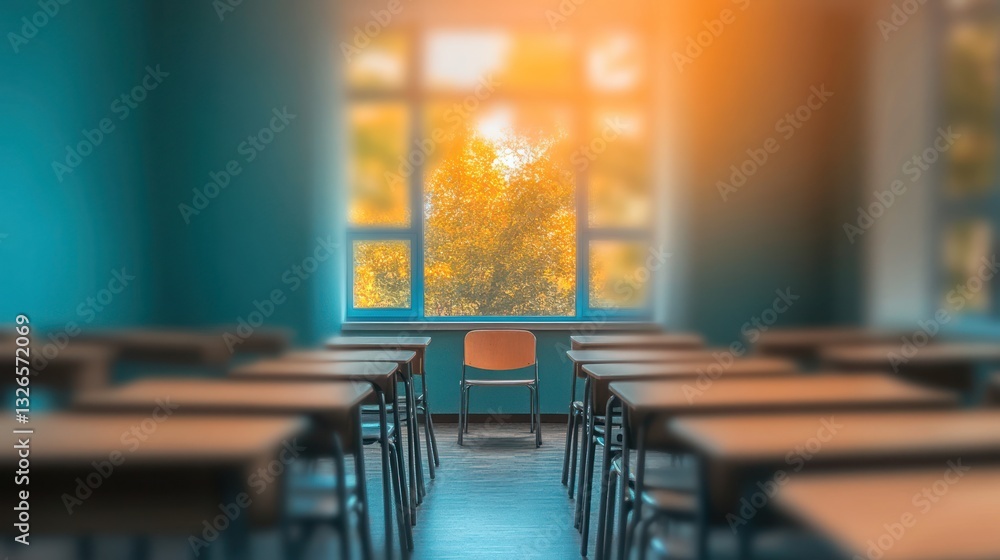 Poster empty classroom with autumnal view.