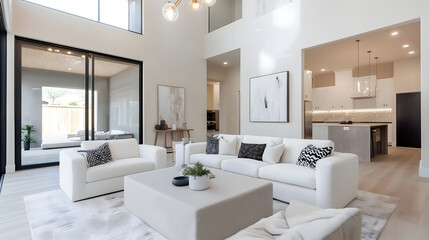 Fototapeta premium Modern white living room, open concept kitchen and high ceiling. Minimalist interior with white sofas, concrete coffee table, sliding glass doors. Interior design, real estate listing. Horizontal