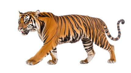 Fototapeta premium Majestic tiger walking, vibrant orange and black stripes, powerful presence in lush jungle setting, perfect for wildlife themes. Isolated on white background or PNG