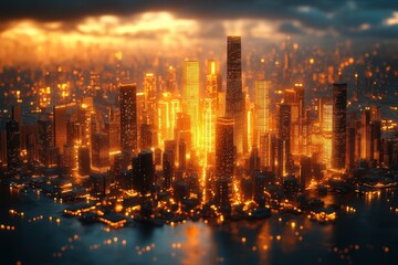Fototapeta premium Futuristic Isometric Aerial View of London Smart City with Urban Structures and Warm Glowing Lights