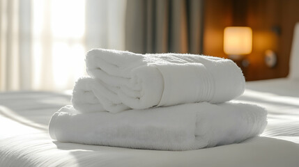 Folded White Towels Placed on a Pristine Hotel Bed