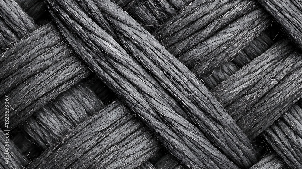 Poster a close-up texture of woven strands in a dark gray hue, showcasing intricate patterns and depth.