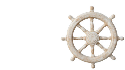 Obraz premium Wooden ship's wheel, rustic nautical decor, maritime theme, perfect for beach house or sailing enthusiasts, ample space for text. Isolated on white background or PNG
